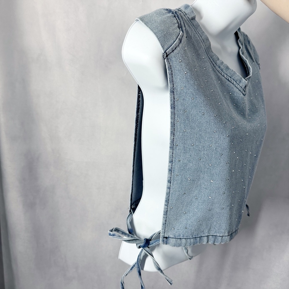 Aynaz Denim Rhinestone Open Side Tir Blue Cotton Crop Top Womens Size 36 - Picture 7 of 8